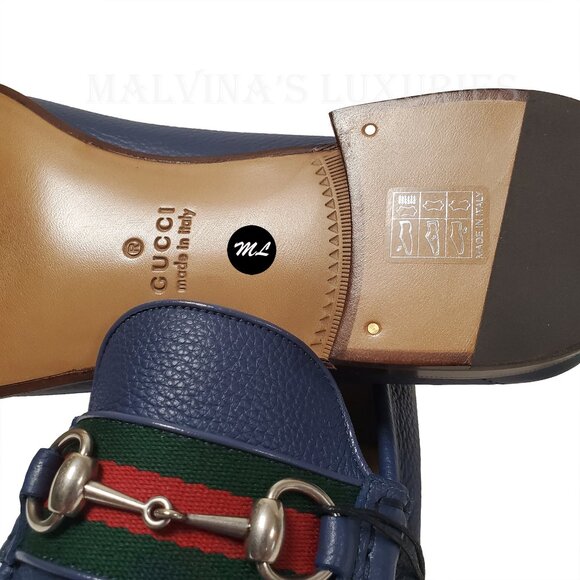GUCCI SHOES MENS BLUE LEATHER MOCCASIN LOAFERS w HORSEBIT WEB sz 12.5G 13 - Picture 11 of 15